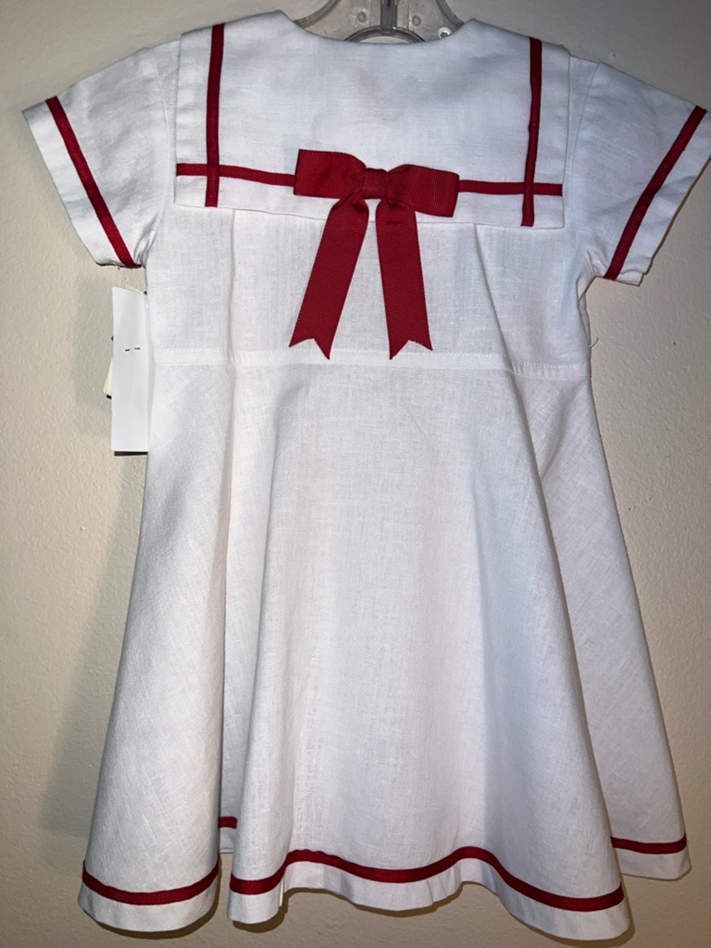 French Coccoli White Vintage Dress with Red Trim Sailor Collar and Bow Back 24M - Picture 6 of 7